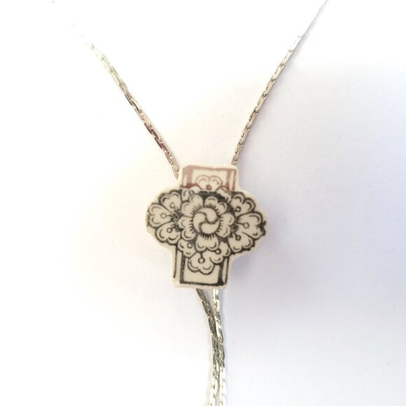 Bolo Lariat Necklace Floral Repurposed Ceramic Silvertone Cottagecore Y Drop - Picture 2 of 4